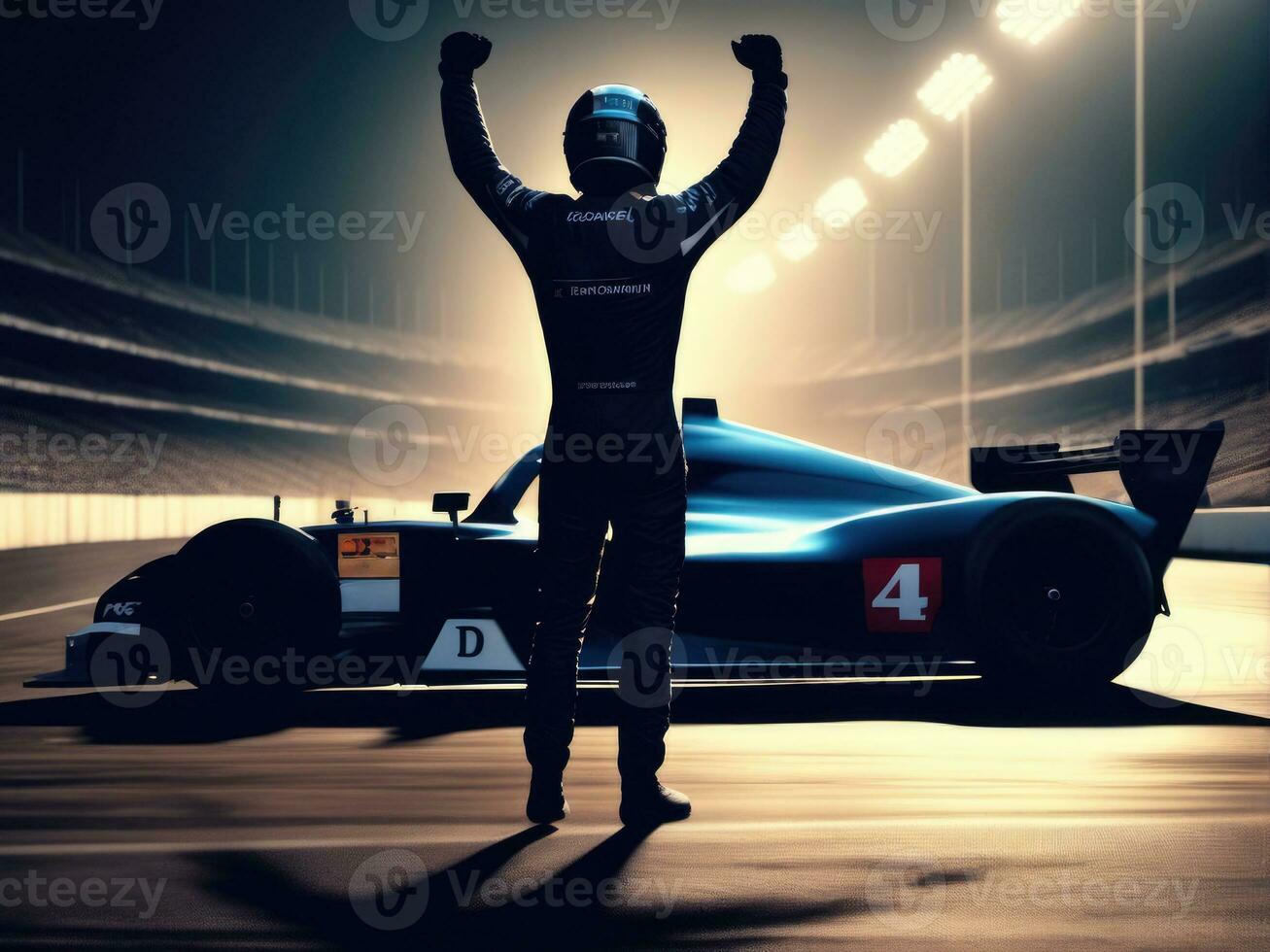 race car driver celebrating the win in a race against bright stadium lights AI Generated photo