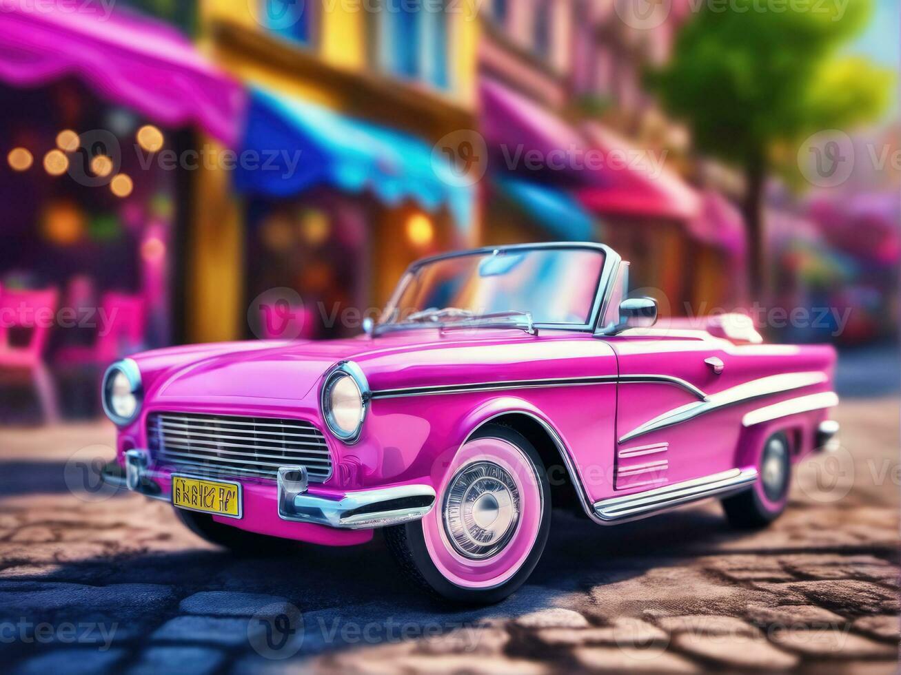 Pink retro car on vintage street background AI Generated photo