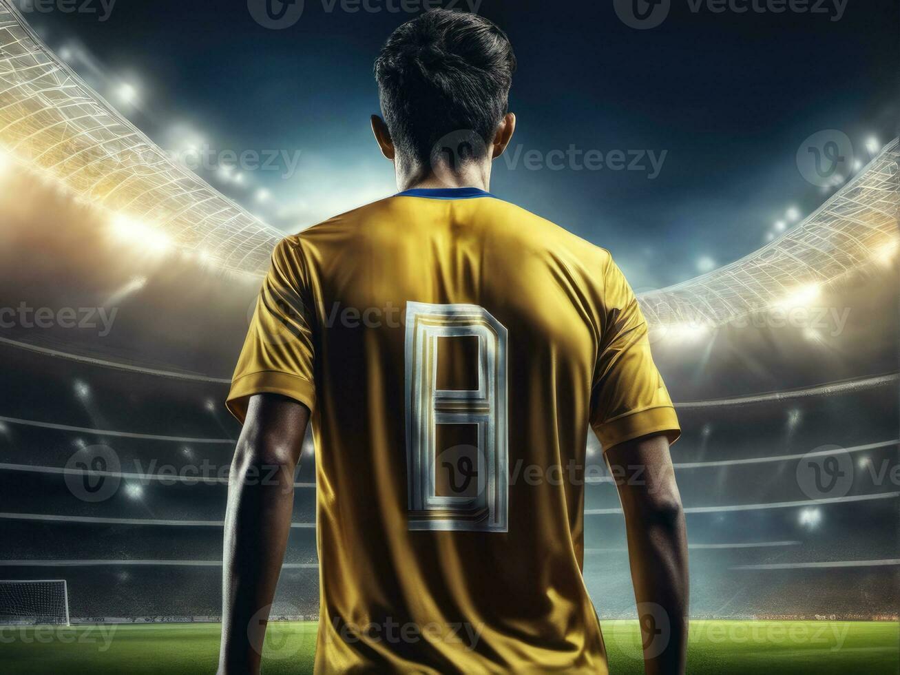 Soccer player wearing in uniform on backdrop lstadium AI Generated photo