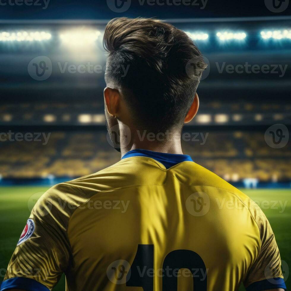 Soccer player wearing in uniform on backdrop lstadium AI Generated photo