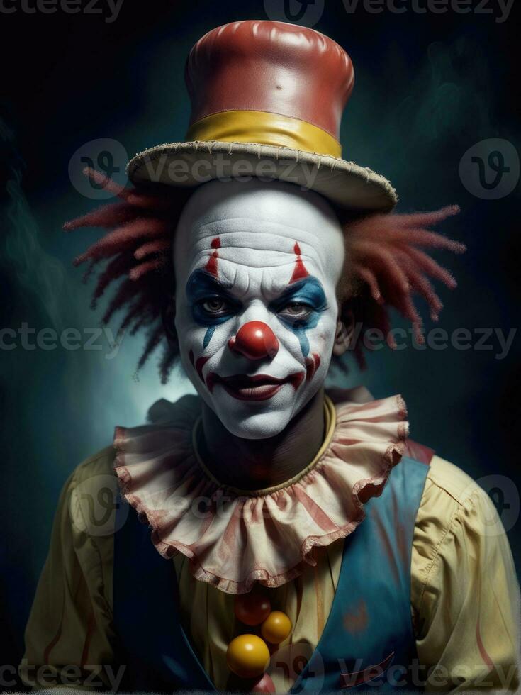 Photography of an ultra realistic clown in dramatic light AI Generated photo