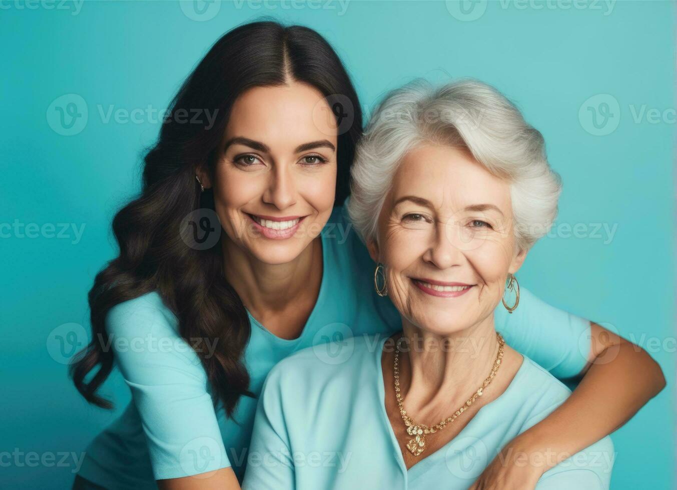 contento mayor mujer disfrutando en hija afecto en de la madre día. ai generado foto