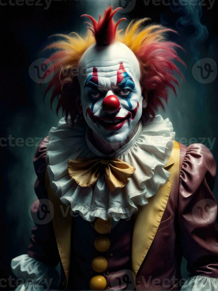 Photography of an ultra realistic clown in dramatic light AI Generated photo