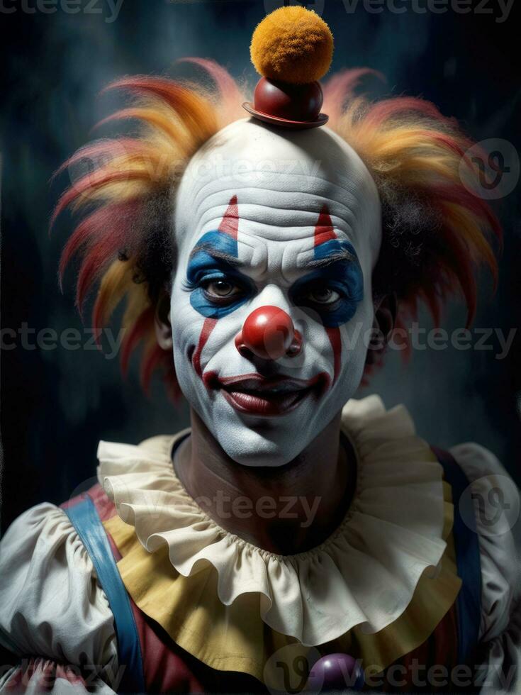 Photography of an ultra realistic clown in dramatic light AI Generated photo
