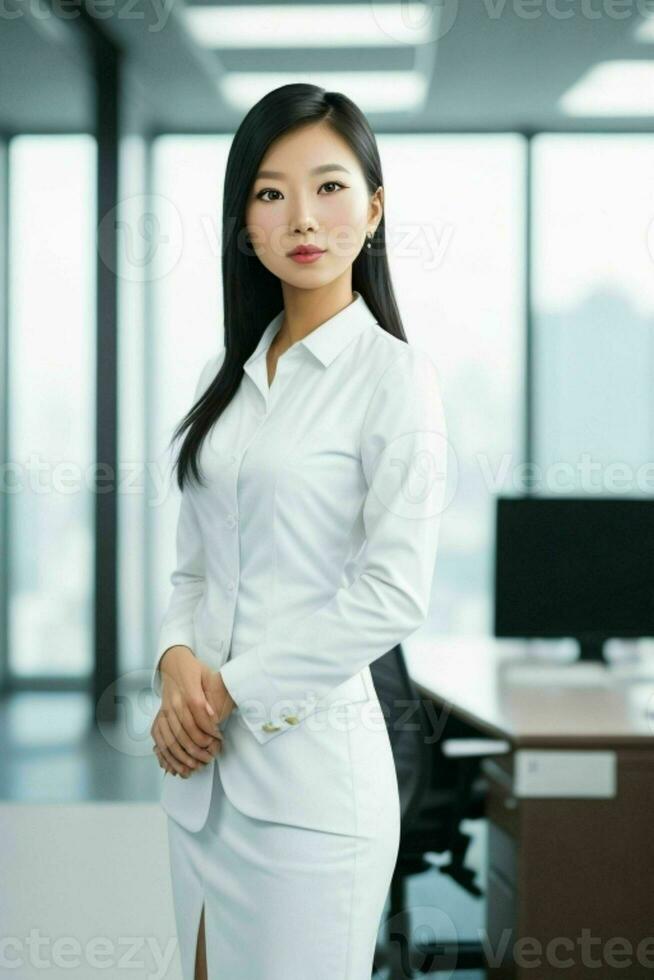 Businesswoman in the middle of a modern office. AI Generative Pro Photo