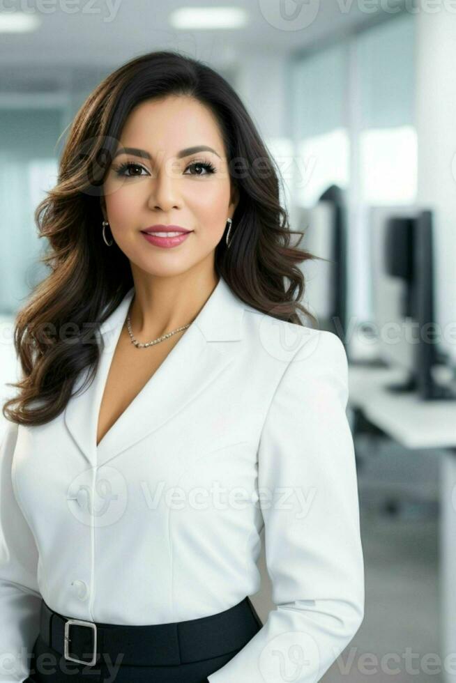 Businesswoman in the middle of a modern office. AI Generative Pro Photo