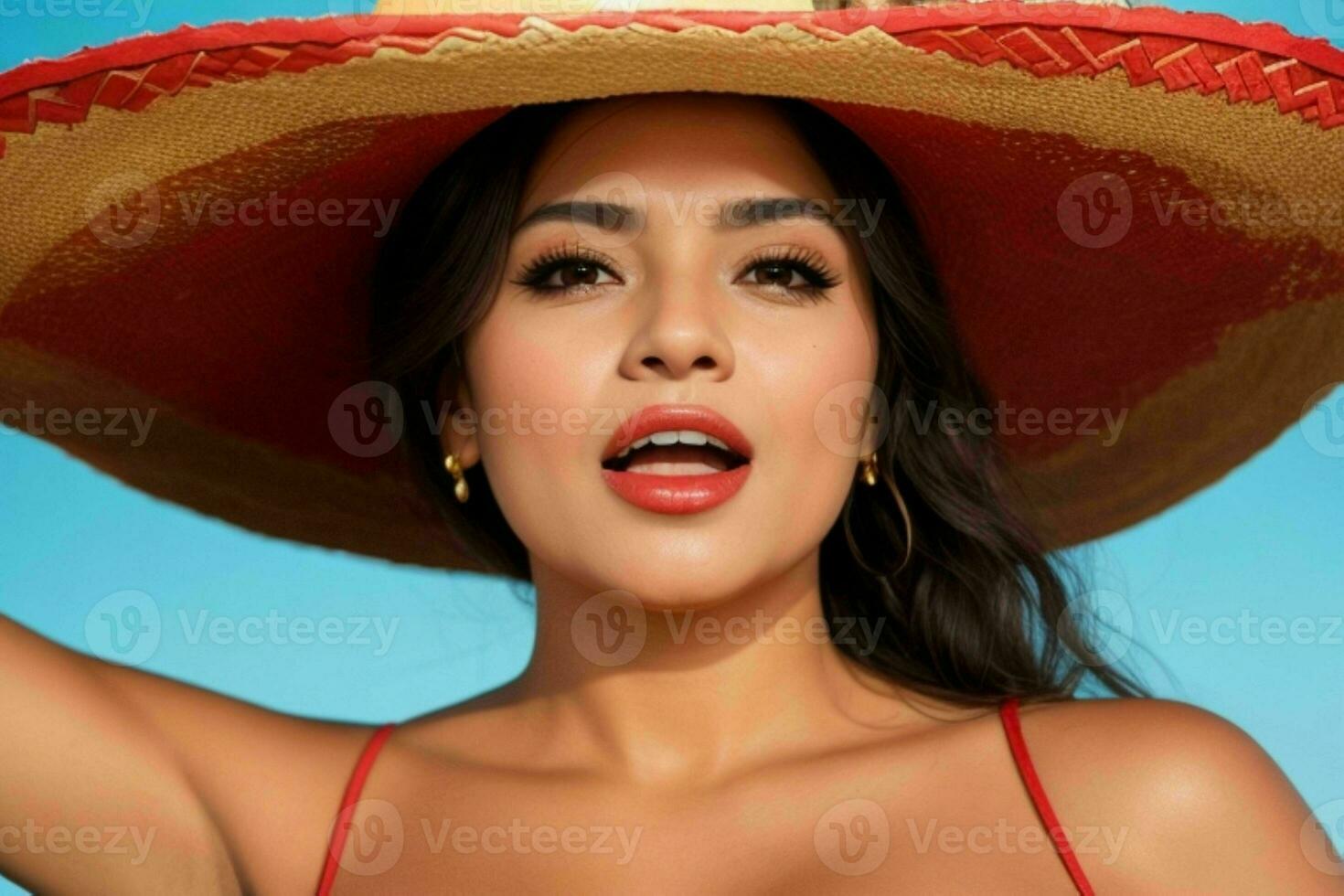 hermosa mujer con un sombrero desnudo espalda y un abierto boca. ai generativo Pro foto