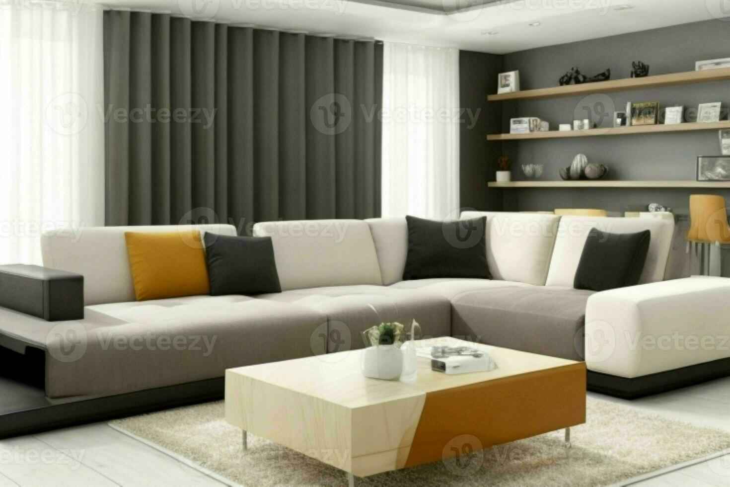 Modern living room design with comfortable sofa and elegant decoration. AI Generative Pro Photo