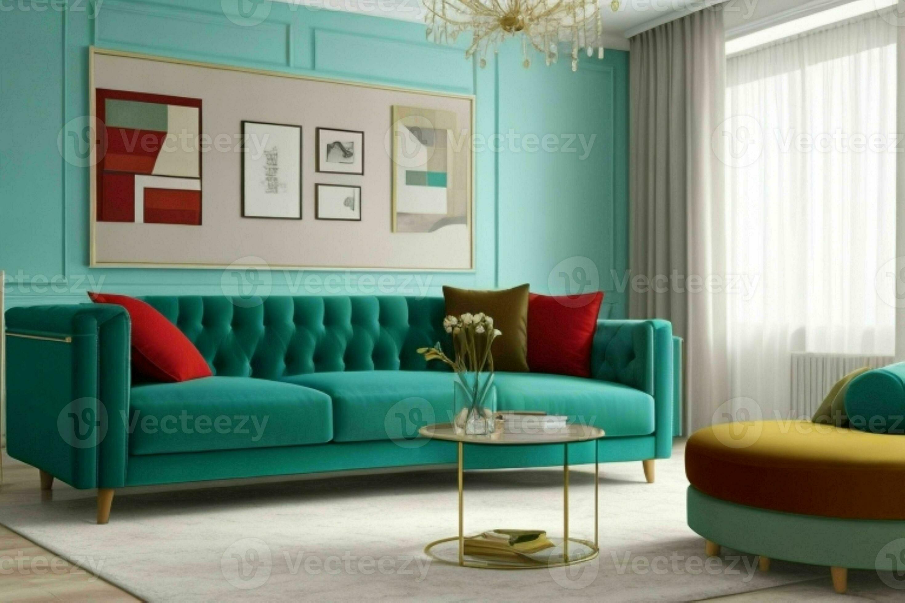 moderno vivo habitación interior con verde sofá en contra musgo fotografía.  biofílico diseño. generativo ai ilustración 23776624 Foto de stock en  Vecteezy