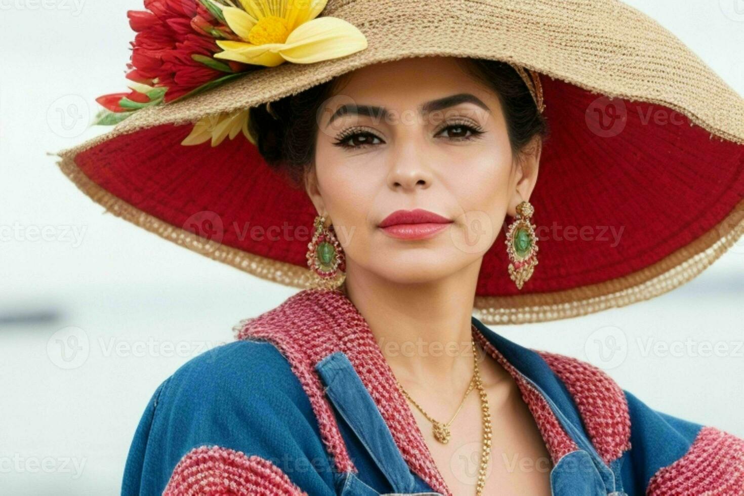 retrato de un de moda hermosa mujer en tradicional ropa vistiendo un sombrero. ai generativo Pro foto