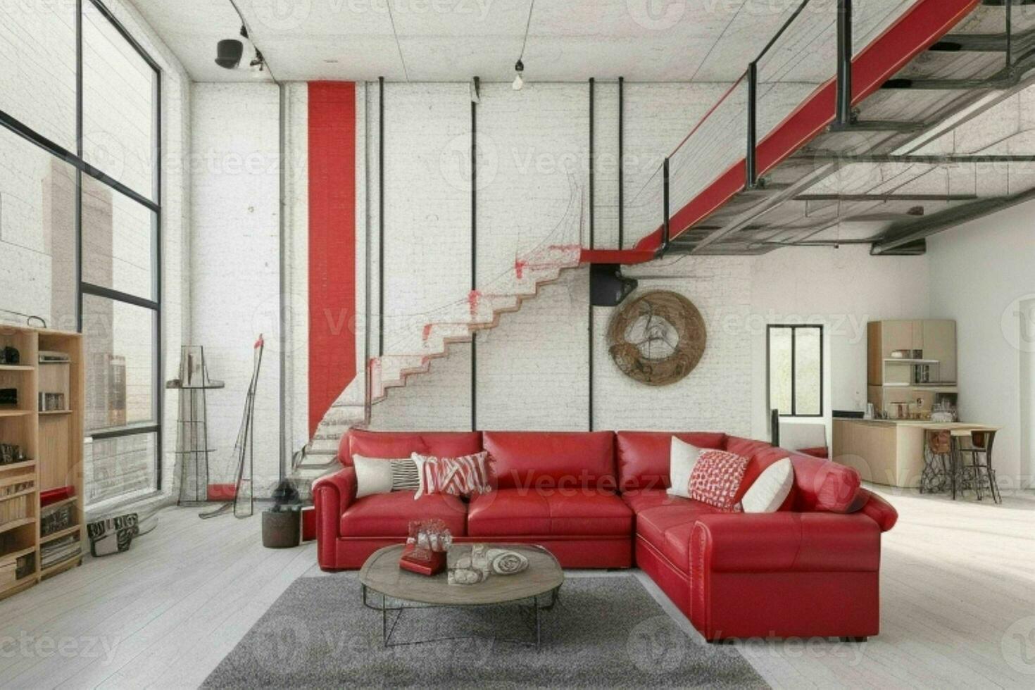 moderno industrial desván vivo habitación hogar interior. ai generativo Pro foto