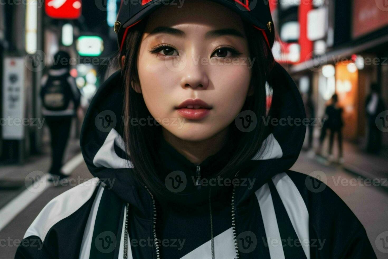 Portrait of a woman in streetwear on the street.  AI Generative Pro Photo