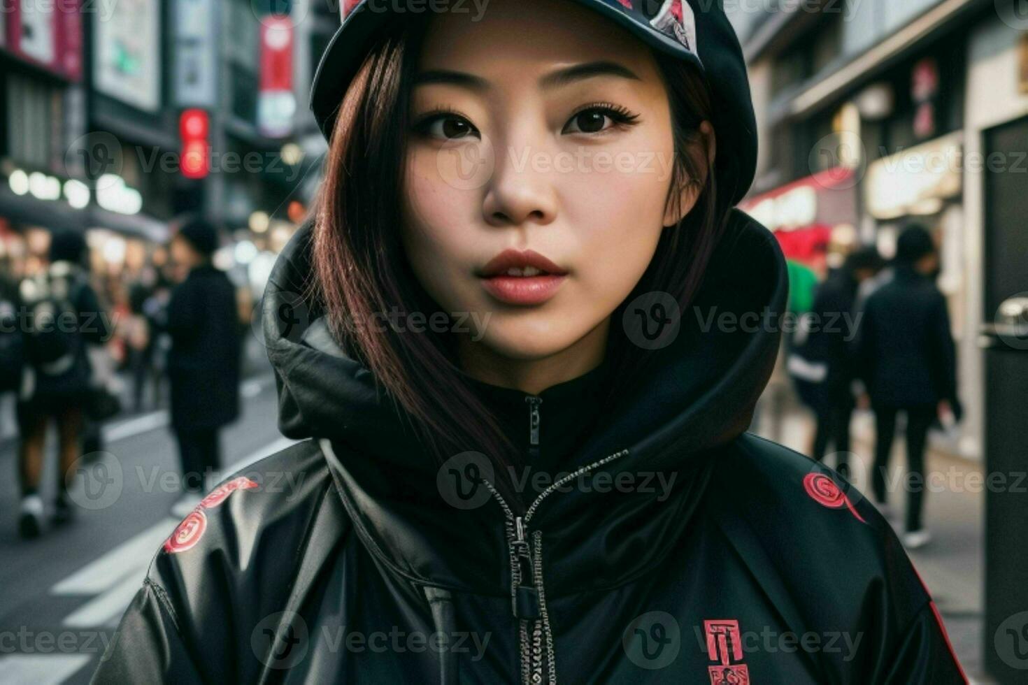 Portrait of a woman in streetwear on the street.  AI Generative Pro Photo