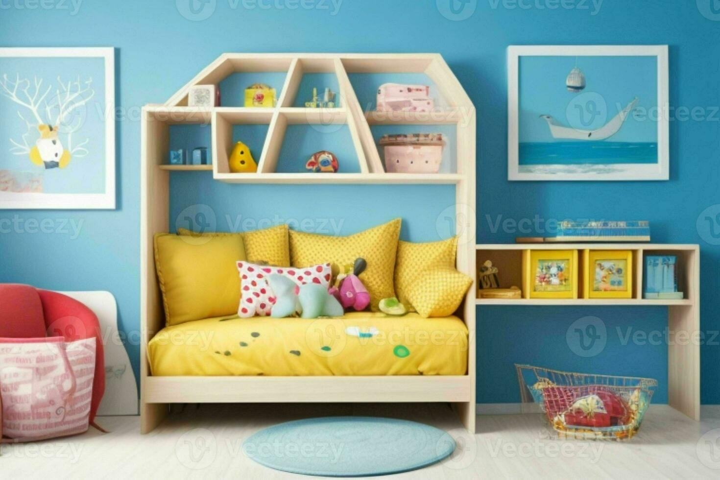 Interior kid's room and wall frame.  AI Generative Pro Photo