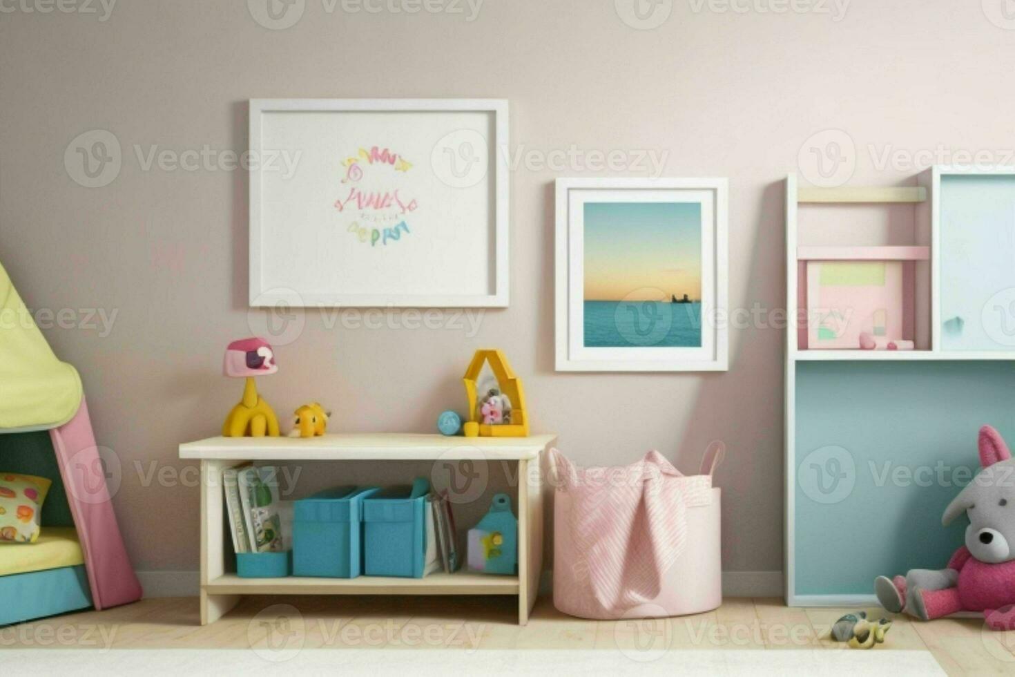 Interior kid's room and wall frame.  AI Generative Pro Photo