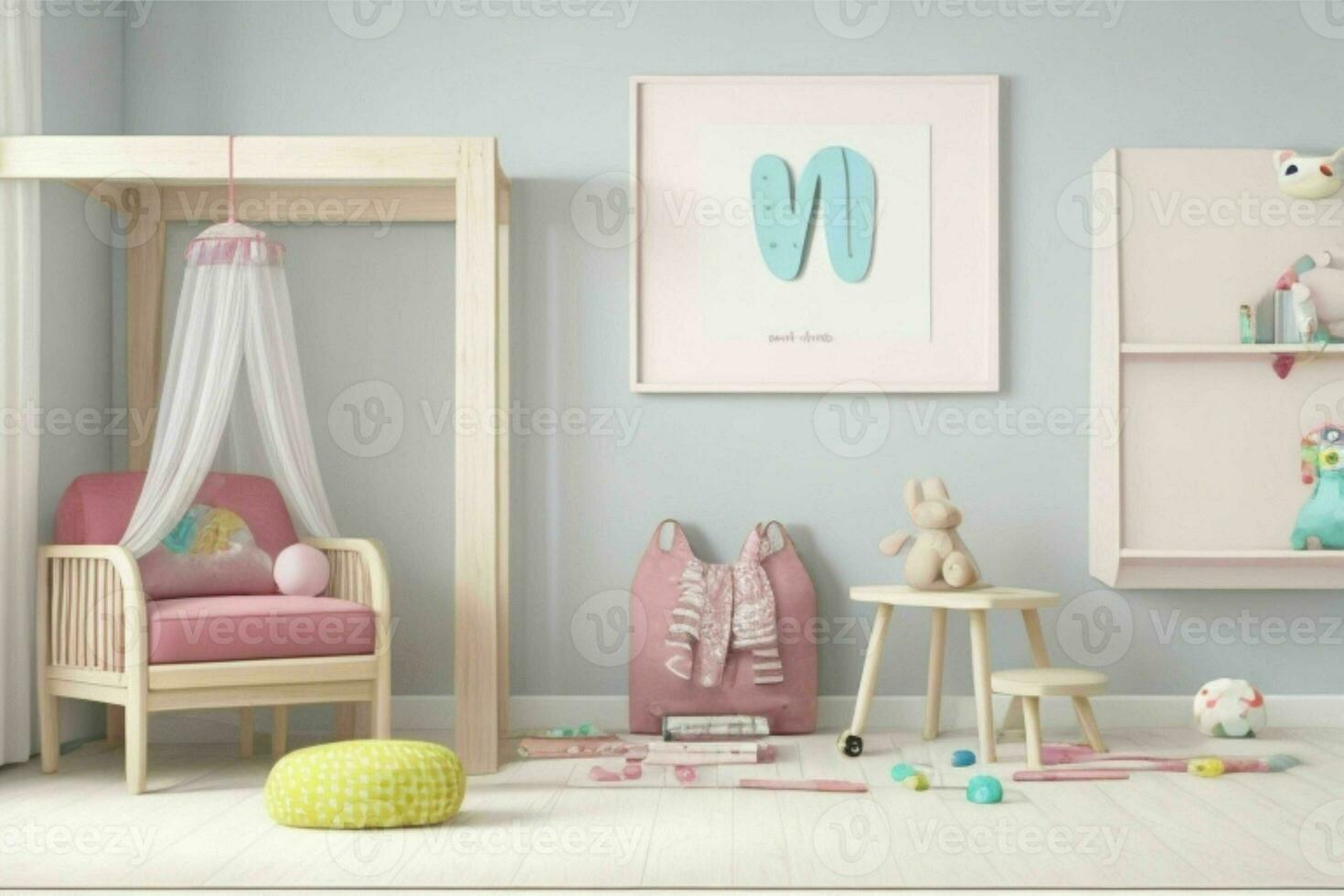 Interior kid's room and wall frame.  AI Generative Pro Photo