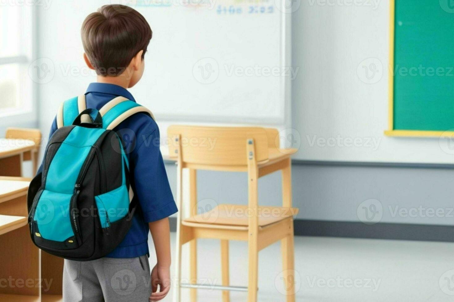 Back view of a schoolboy with a backpack standing in the classroom.  AI Generative Pro Photo