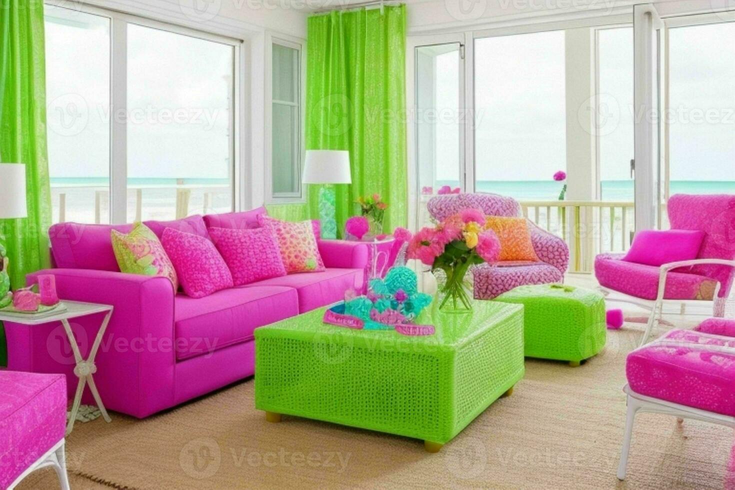 Beach style living room design. AI Generative Pro Photo