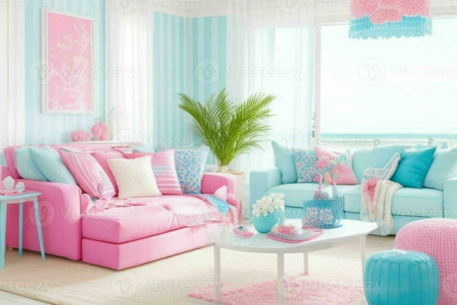 Beach style living room design. AI Generative Pro Photo