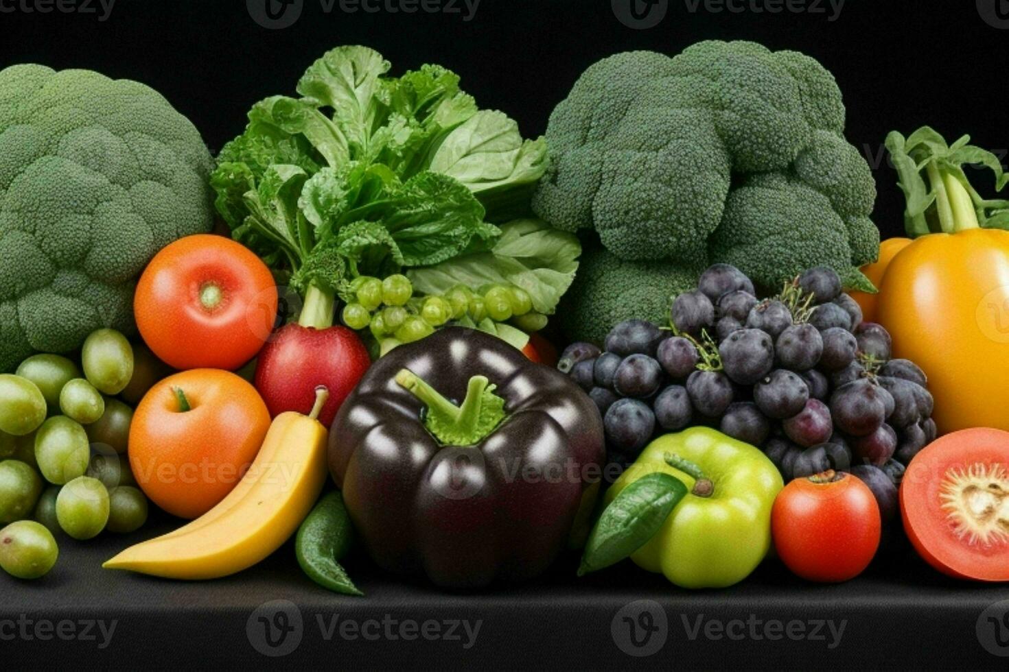 Composition with a variety of organic vegetables and fruits. AI Generative Pro Photo