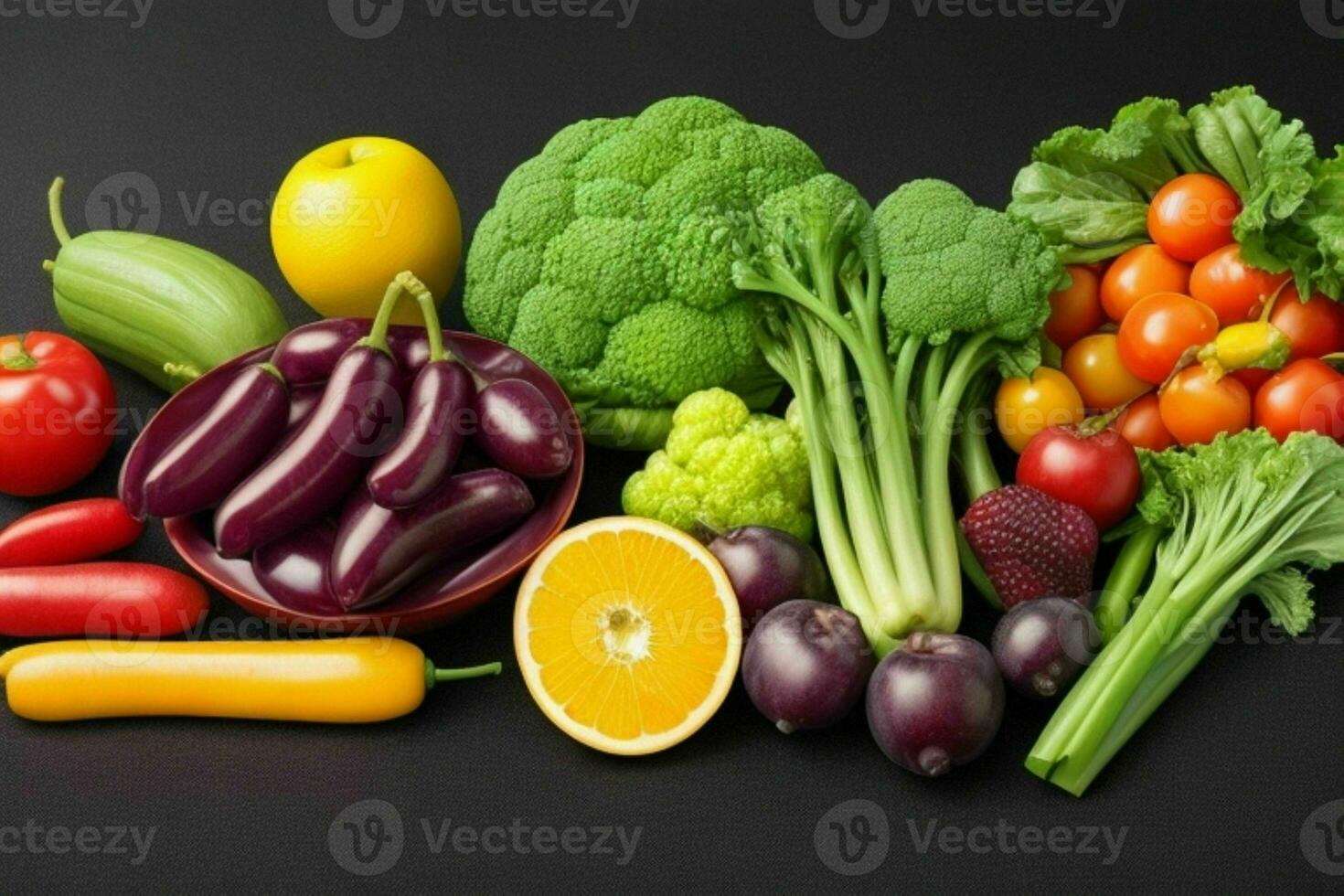 Composition with a variety of organic vegetables and fruits. AI Generative Pro Photo