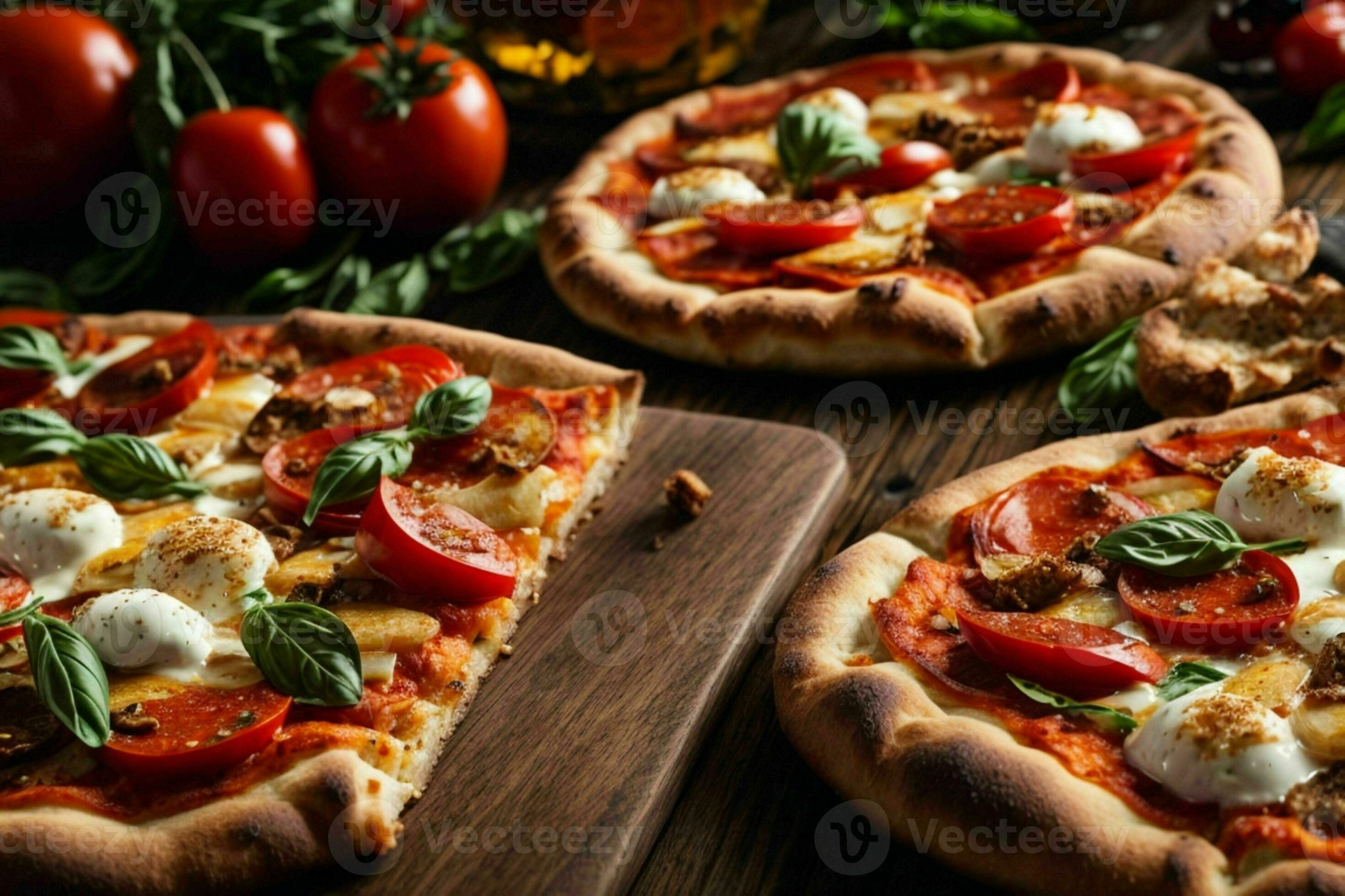 Delicious pizza with mozzarella on a chocolate wooden board on a table