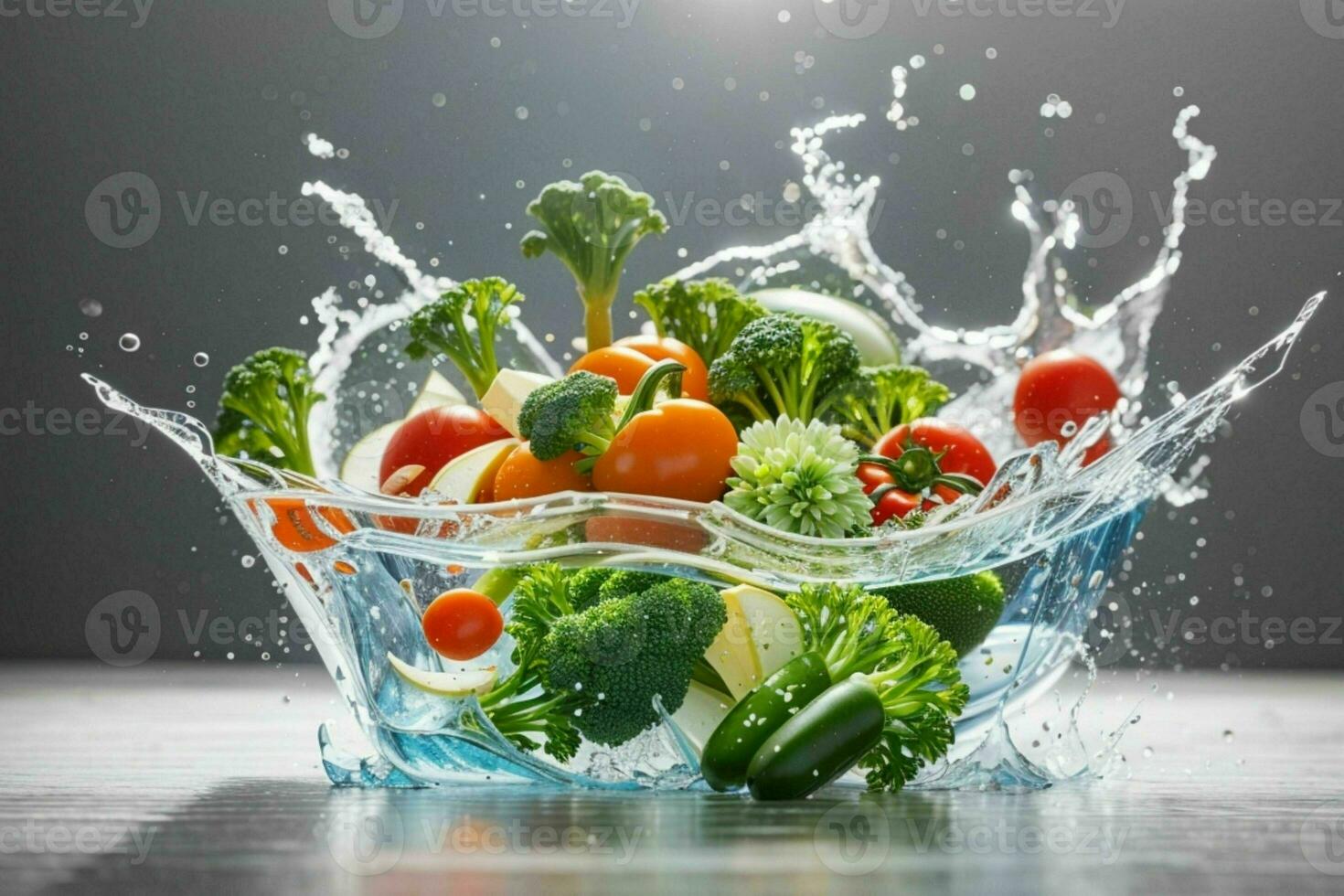 Water splash on vegetables. AI Generative Pro Photo