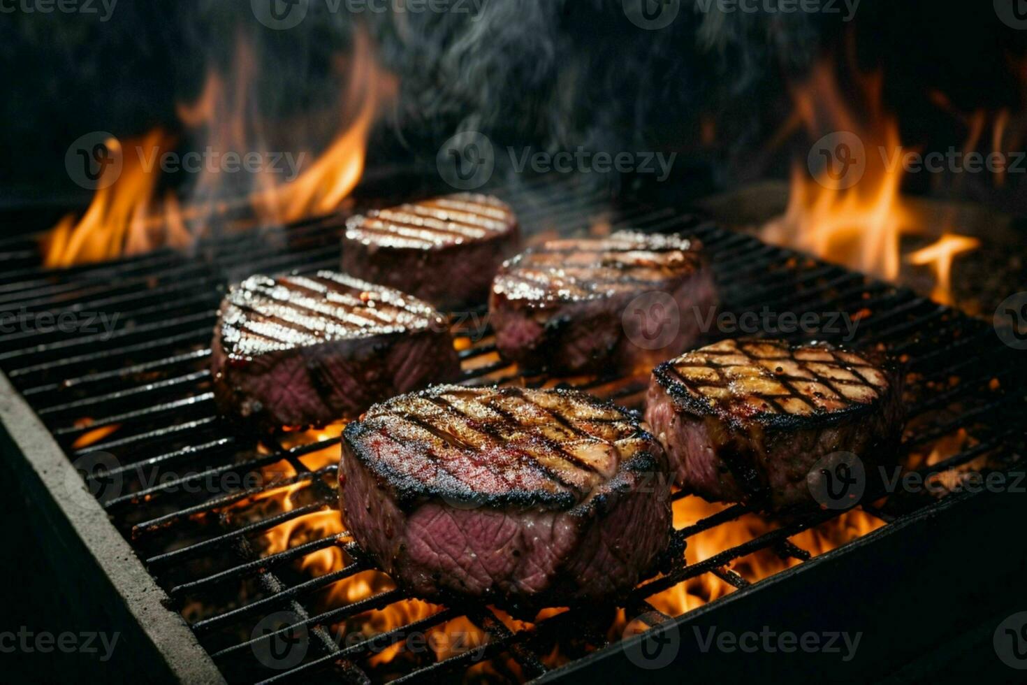 Beef steaks on the grill. AI Generative Pro Photo