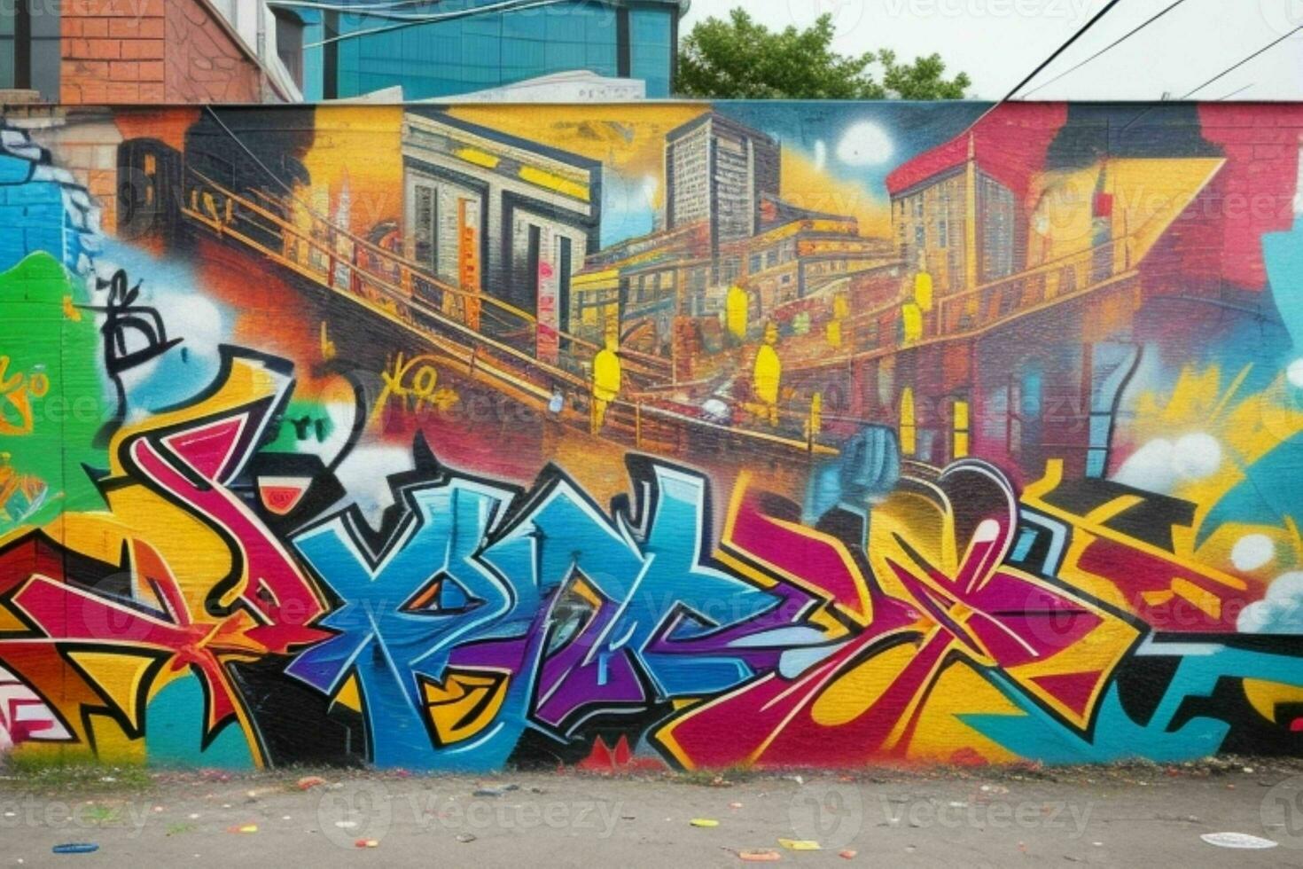 Vibrant graffiti mural on the wall background. AI Generative Pro Photo