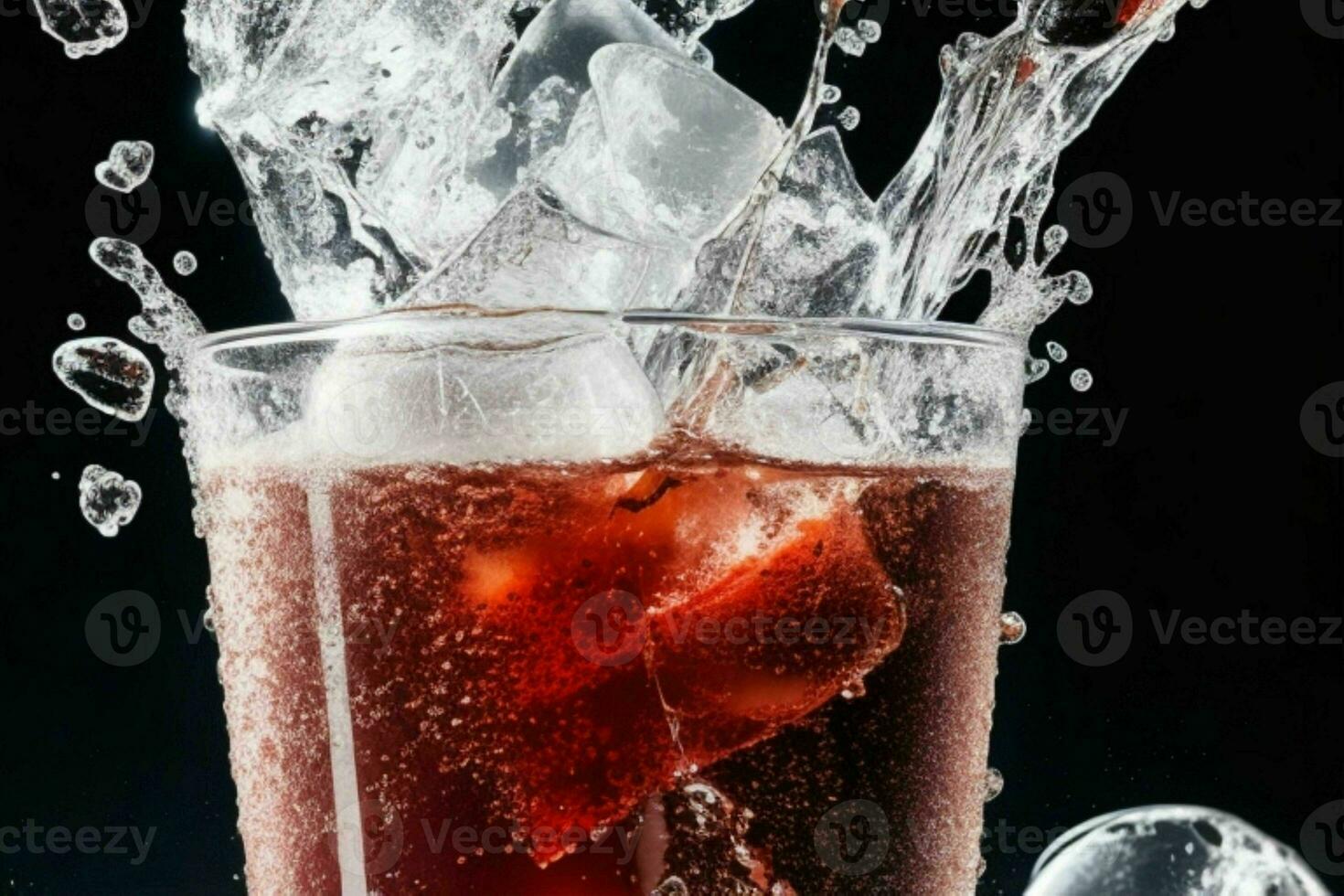 Splashing of Cola and Ice. AI Generative Pro Photo