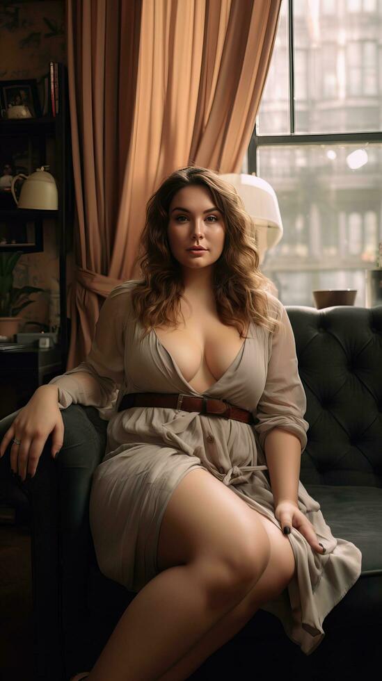 Beautiful chubby girl sitting on a sofa. Generative AI photo