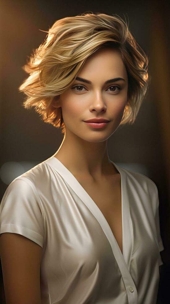 Portrait of a beautiful woman with short hair. Generative AI photo