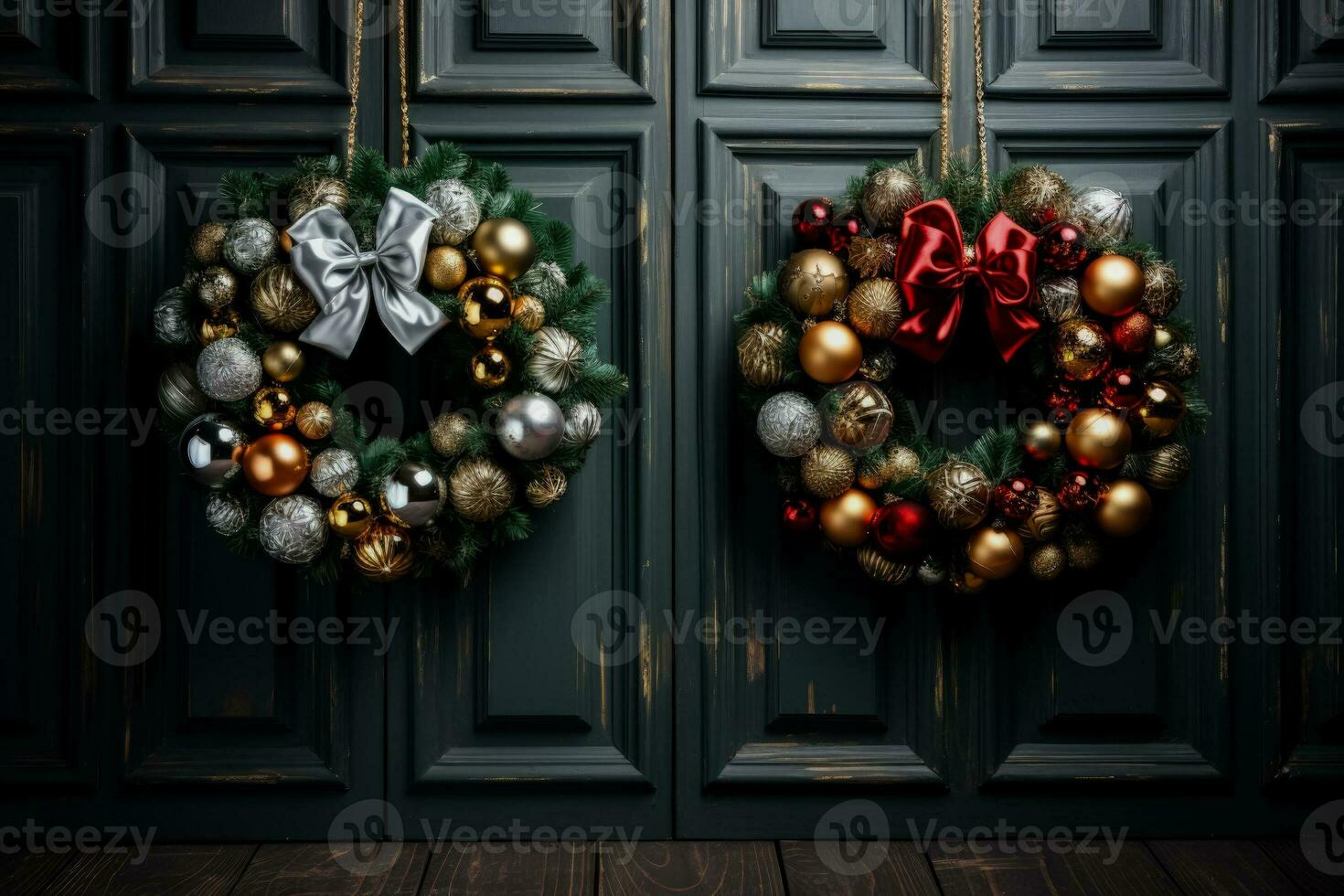 Traditional and modern New Years door wreaths details background with empty space for text photo