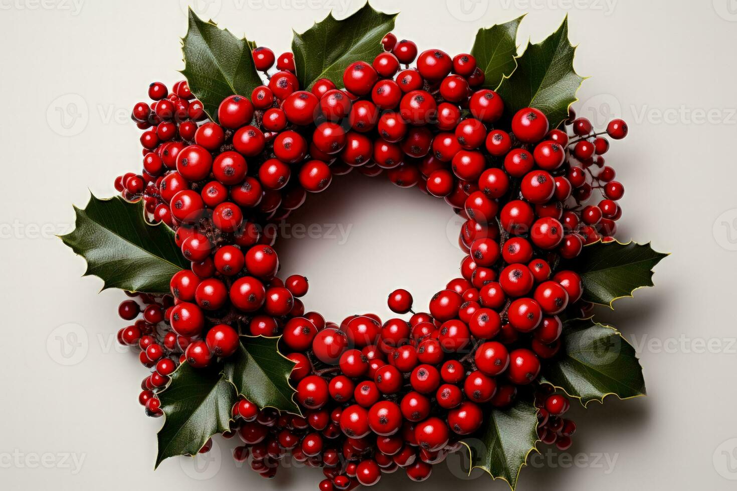 Frosted holly berries on a traditional New Years wreath isolated on a white background photo