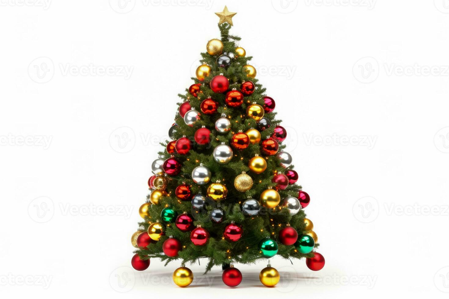 Christmas tree adorned with festive ornaments and lights isolated on a white background photo