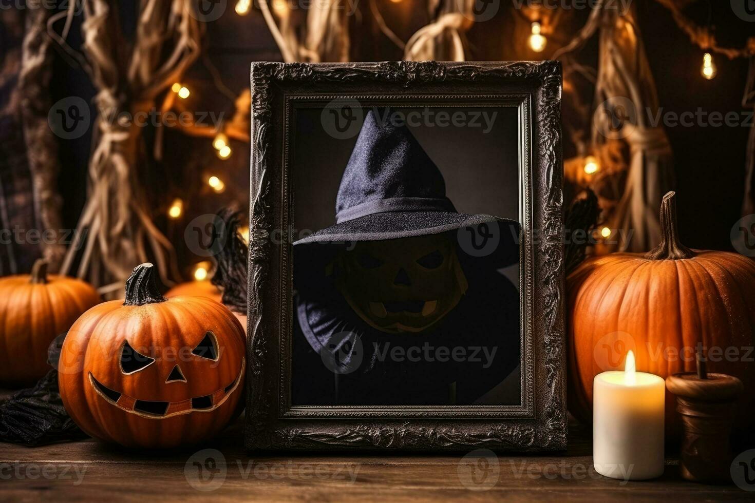 Halloween themed mockup poster and photoframe decorated for festival photo