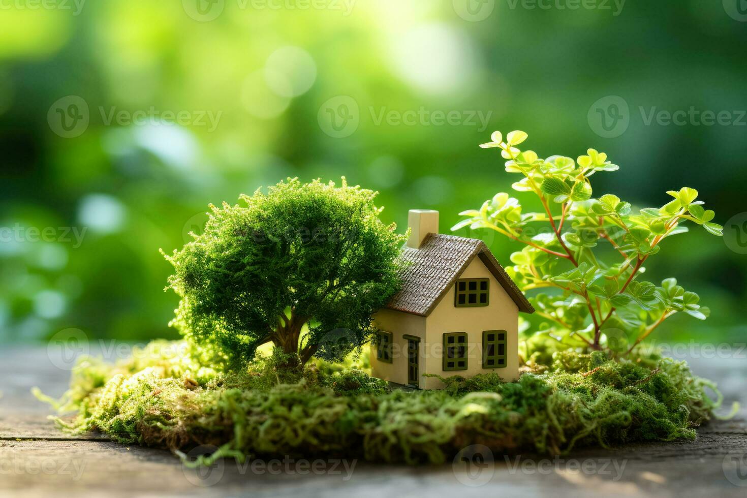 Miniature eco house situated in a green environment on grass photo