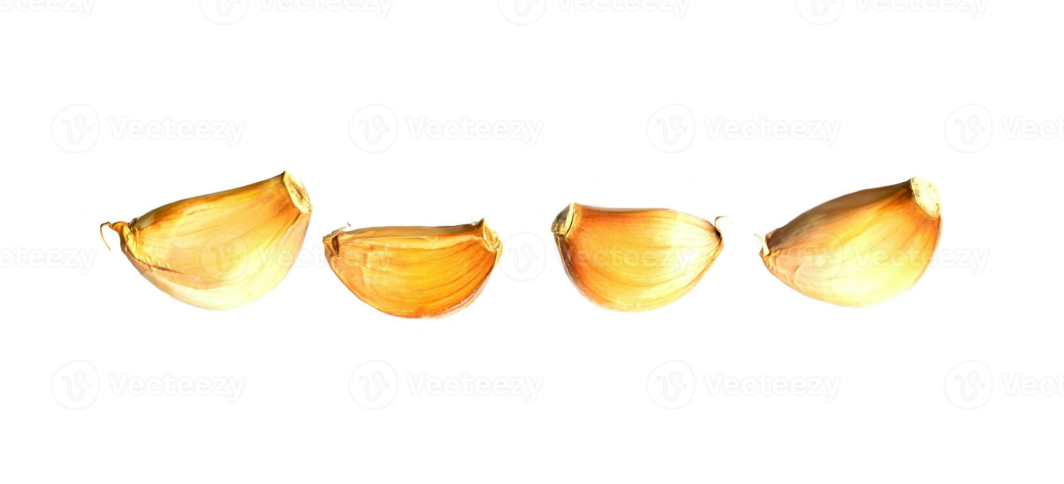 Isolate garlic cloves arranged in a row on a white background. It is a Thai herbal plant and a type of spice. It is often added to many types of food, including Thai food, Indian food. photo