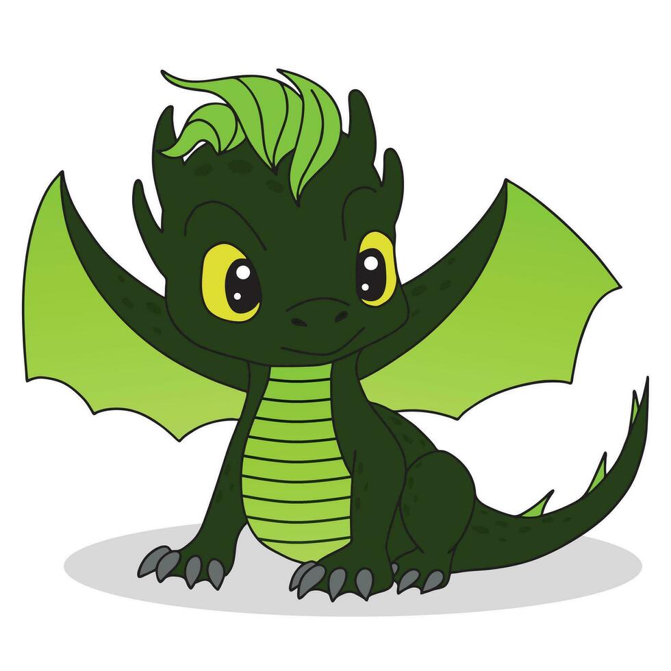 Little cute cartoon green dragon with wings and tail. Funny fantasy character, young mythical reptile monster. Vector illustration on white background