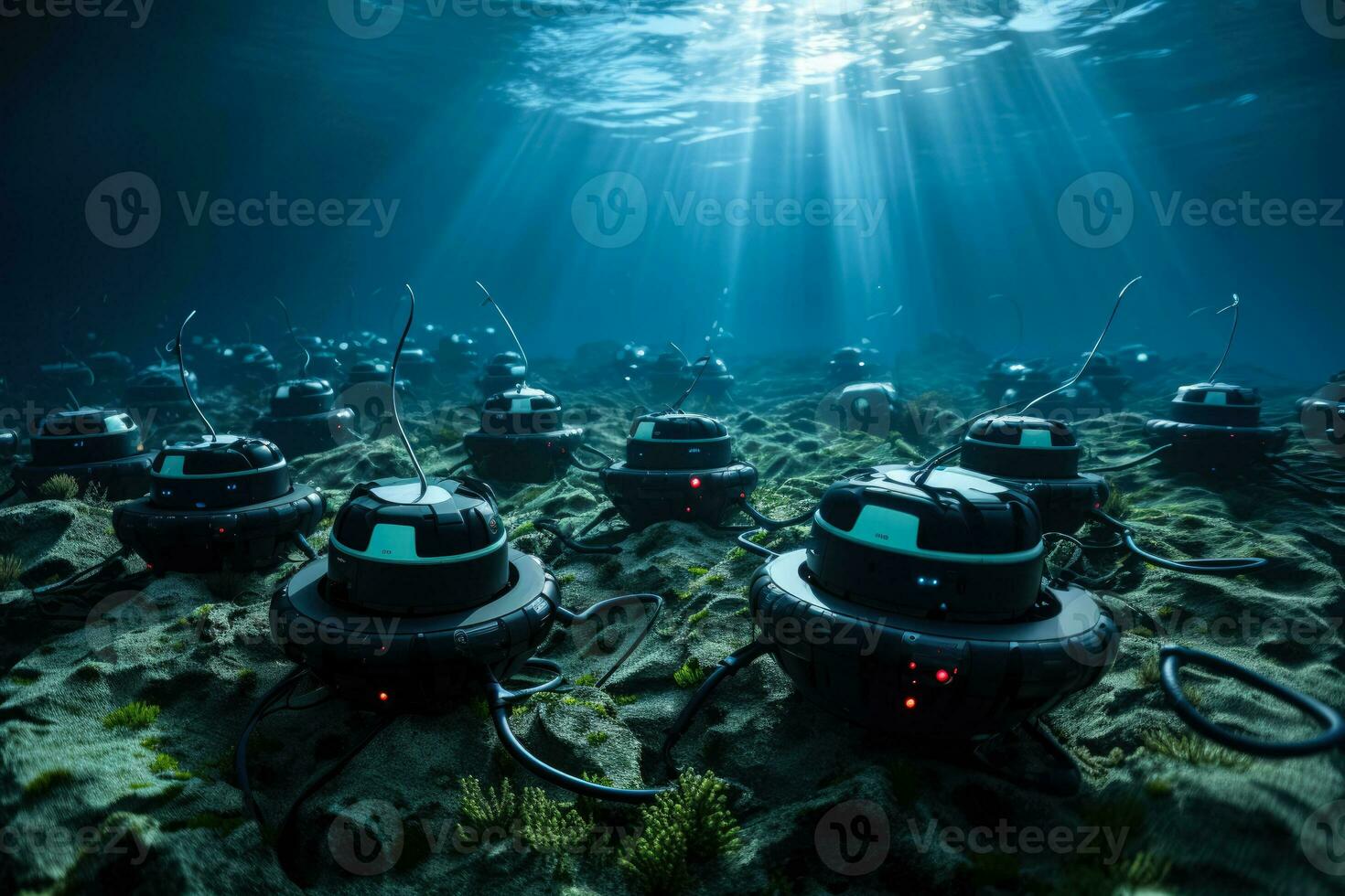 A swarm of tiny robotic cleaners working in unison clearing a patch of seabed embodying a futuristic solution to ocean pollution photo