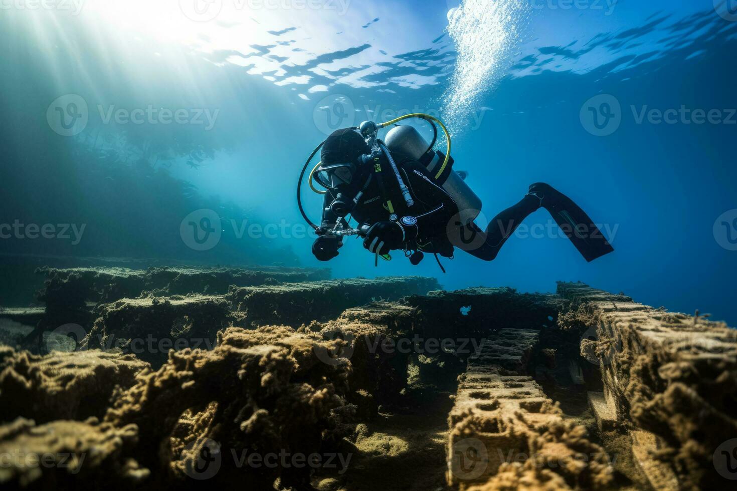 A diver deploying a 3D printed structure designed to support seaweed cultivation on the ocean floor photo