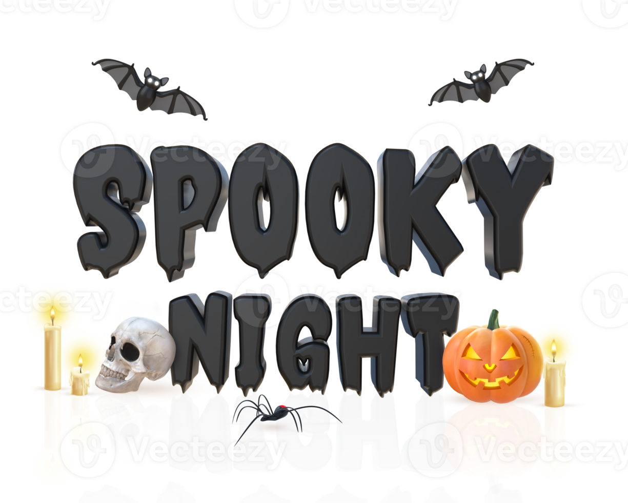 3D Rendering Spooky Night Text With Pumpkin, Skull, Bats And Candles png