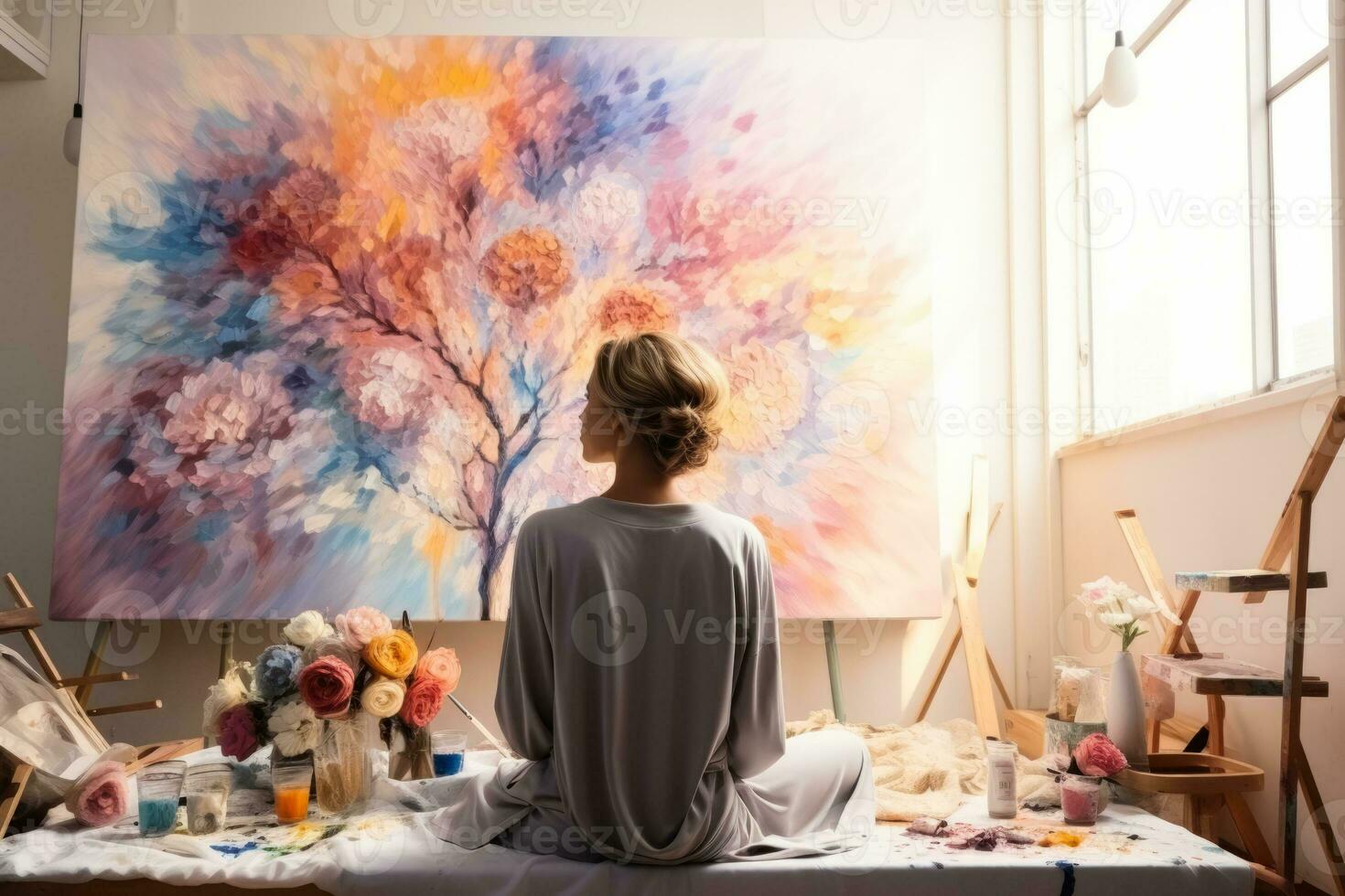 Cancer patient painting on canvas background with empty space for text photo