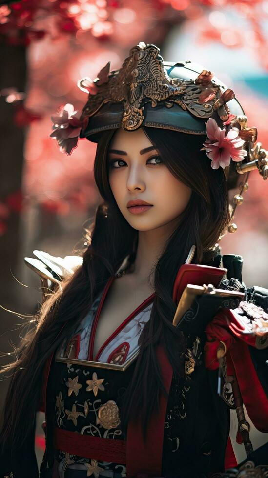 Beautiful samurai woman. Generative AI photo