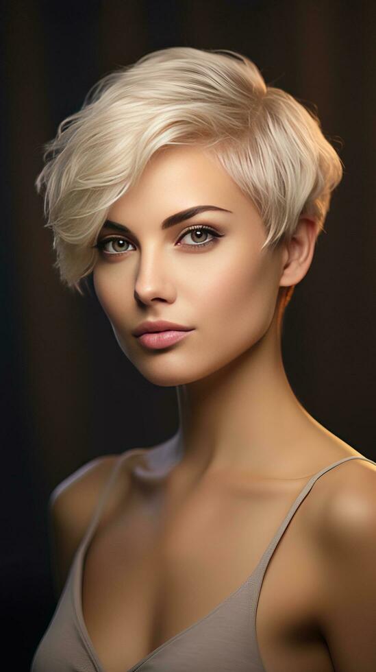 retrato de un hermosa mujer con corto cabello. generativo ai foto