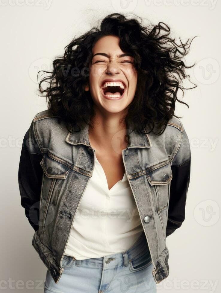 Happy European woman in casual clothing against a neutral background AI Generative photo