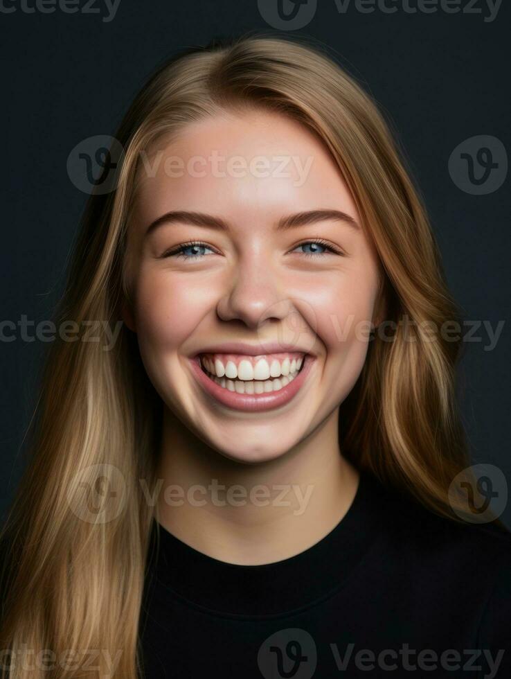 Happy European woman in casual clothing against a neutral background AI Generative photo