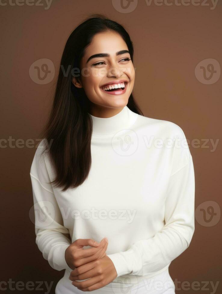 Happy European woman in casual clothing against a neutral background AI Generative photo