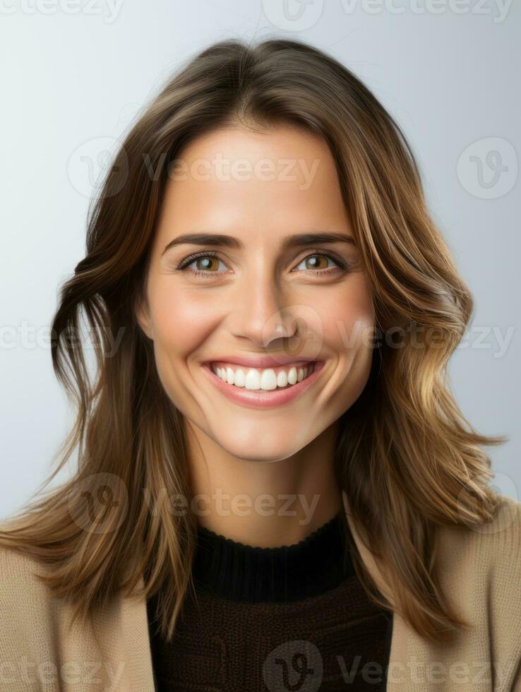 Happy European woman in casual clothing against a neutral background AI Generative photo