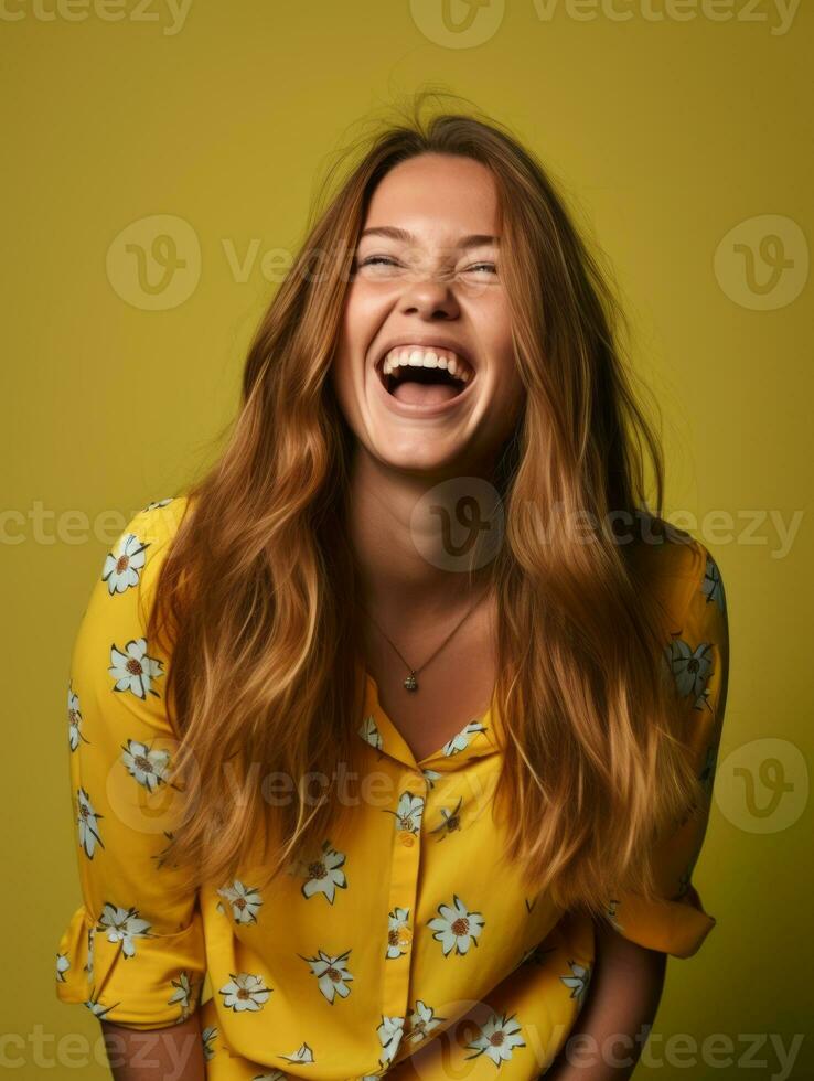 Happy European woman in casual clothing against a neutral background AI Generative photo